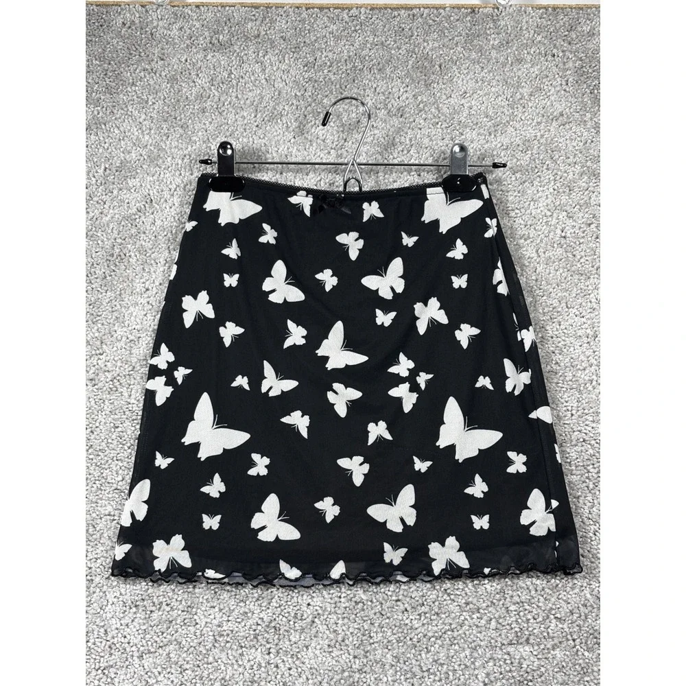 Wild Fable Womens Small Black White Butterfly Mesh Mini Skirt Lettuce Hem Y2K